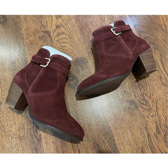 Diba Women's Boho Suede Stacked Heel Boots Burgundy Size 6.5 NWOB Casual Chic - Picture 1 of 10